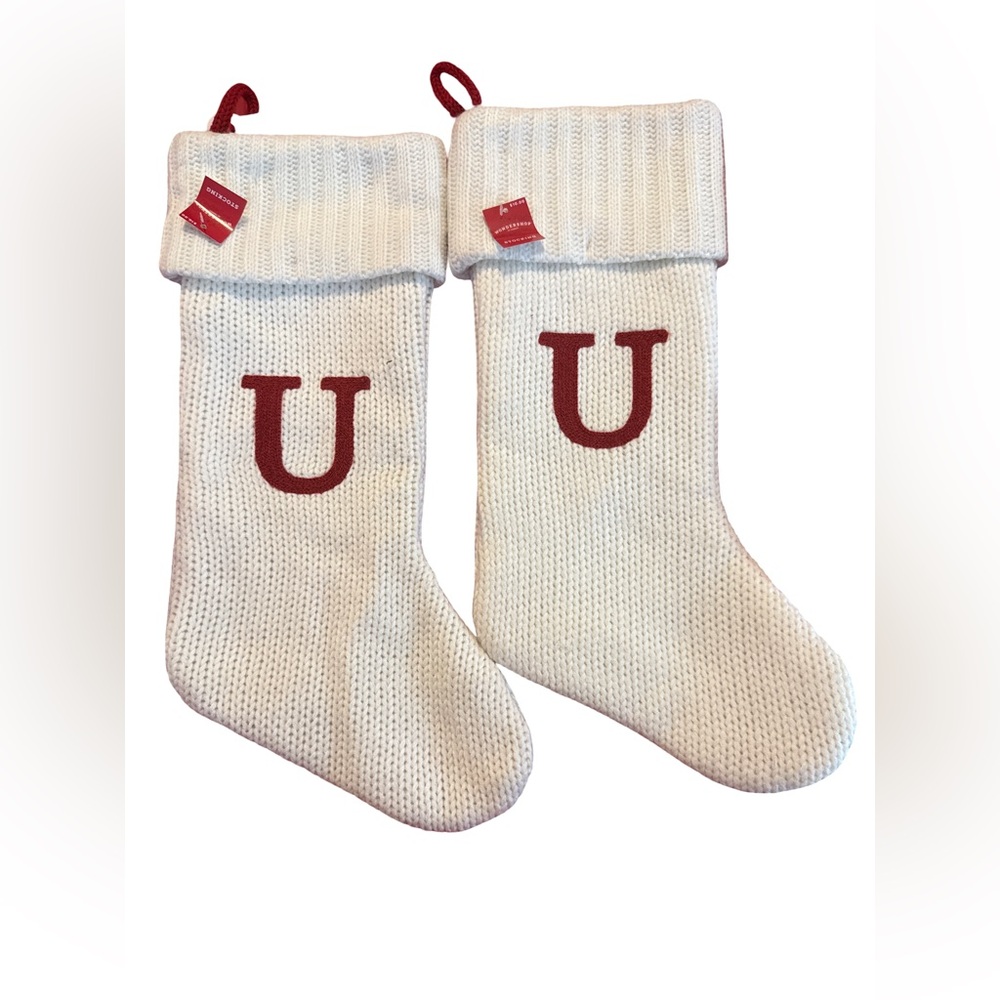 LOT OF TWO!! Wondershop White Knit Christmas Stocking with Red Letter “U” New 🎄🤶